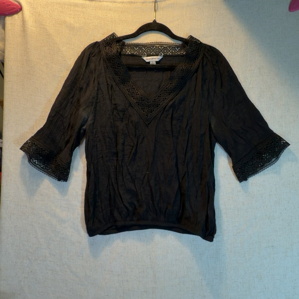 Counterparts Blouse Black Crochet Lace V-Neck Women's Size Small